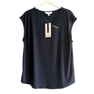 NEW Nine West Cap Sleeve Embellished Shoulder Blouse Navy Blue Size M